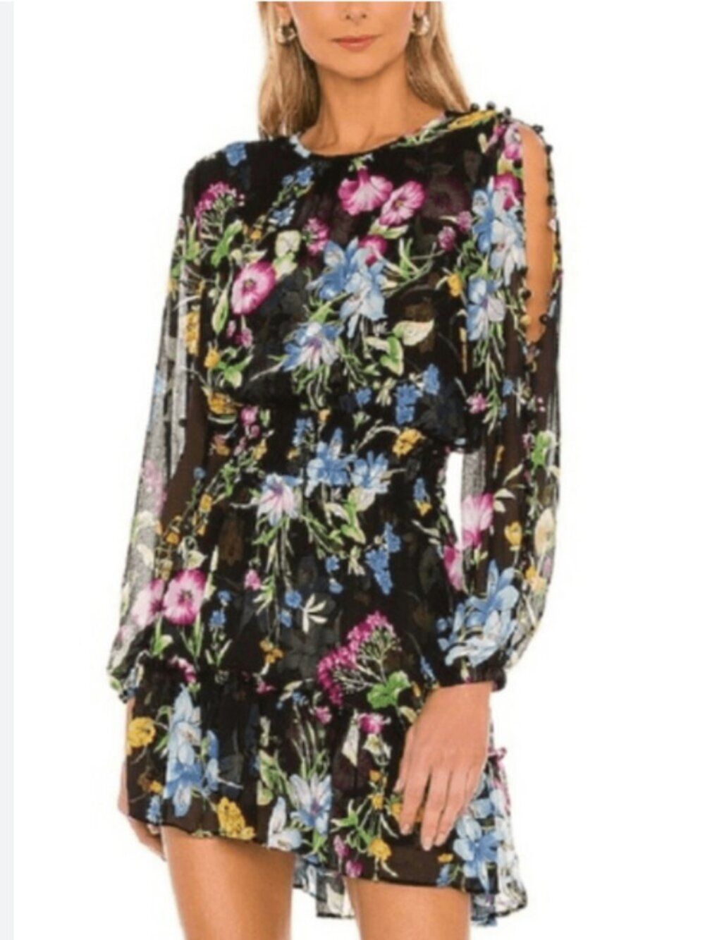 Misa Los Angeles Callae Floral Mini Dress Black Size S $440 SLEEVE porn :)